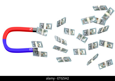 Dollar und Magnet isoliert auf weißem Hintergrund Stockfoto