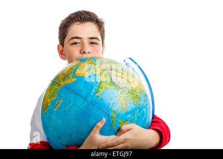 Ein kaukasischen jungen umarmt einen Globus enthüllt nur die Augen und Teil des Gesichts Stockfoto