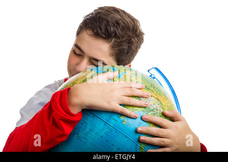 Ein kaukasischen jungen umarmt einen Globus enthüllt nur die Augen und Teil des Gesichts Stockfoto