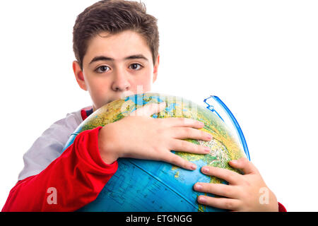 Ein kaukasischen jungen umarmt einen Globus enthüllt nur die Augen und Teil des Gesichts Stockfoto