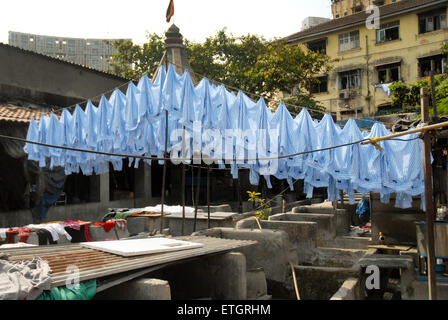 Blaue Hemden bei Mahalaxmi Dhobi Ghat Trocknen aufhängen öffnen Luft Waschsalon, Mumbai, Maharashtra, Indien. Stockfoto