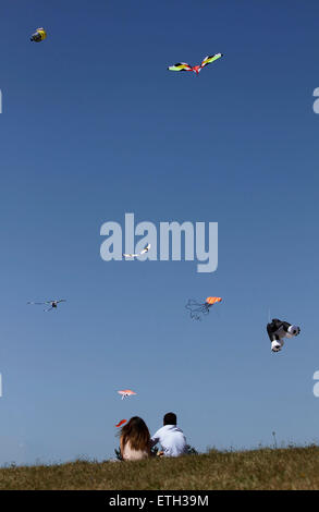 Vancouver, Kanada. 13. Juni 2015. Anwohner sehen die Drachen fliegen auf dem Kite Festival im Vanier Park in Vancouver, Kanada, 13. Juni 2015. Kite-Profis in ganz Kanada teilnehmen in der 40. jährliche Pacific Rim Drachen Festival Showcase ihre einzigartigen Kite Designs und fliegenden Fähigkeit. © Liang Sen/Xinhua/Alamy Live-Nachrichten Stockfoto