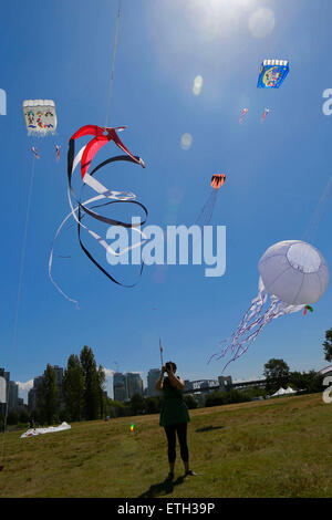 Vancouver, Kanada. 13. Juni 2015. Verschiedene Arten von Drachen sind beim Kite Festival in Vanier Park in Vancouver, Kanada, 13. Juni 2015 gesehen. Kite-Profis in ganz Kanada teilnehmen in der 40. jährliche Pacific Rim Drachen Festival Showcase ihre einzigartigen Kite Designs und fliegenden Fähigkeit. © Liang Sen/Xinhua/Alamy Live-Nachrichten Stockfoto