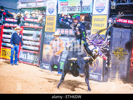 Cowboy-Teilnahme an einem Bullenreiten Wettbewerb Las Cowboy Stand in Las Vegas Stockfoto