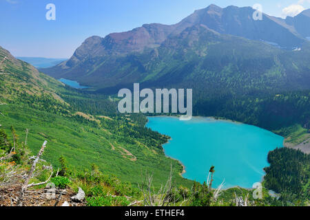 Blick auf den Grinnell Gletscher und See von oben im Glacier Nationalpark im Sommer Stockfoto