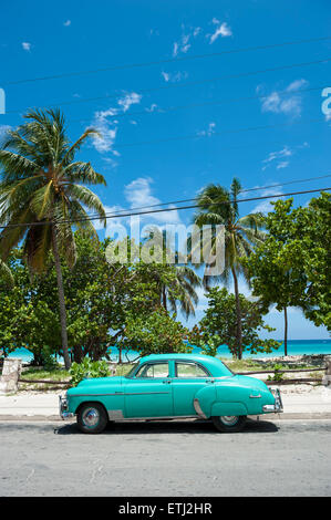 VARADERO, Kuba - 7. Juni 2011: Klassische amerikanische Oldtimer steht vor Palmen auf der Straße neben dem Strand geparkt. Stockfoto