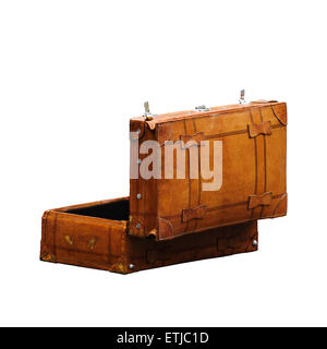 Vintage Leder Retro-Gepäck Koffer öffnen, ISolated on White Background, Rear Side View Stockfoto