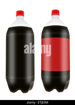 Erfrischende Cola trinken Sie zwei Liter-Plastikflaschen, die isoliert auf weißem Hintergrund. Sehr detaillierte Darstellung. Stockfoto