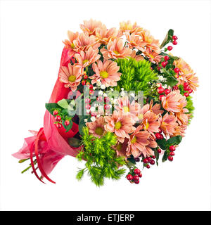 Bouquet von Gerbera, Nelken und andere Blumen isoliert auf weißem Hintergrund. Stockfoto