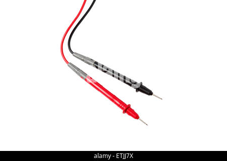 Rote und schwarze Multimeter Sonden Draufsicht isoliert auf weiss Stockfoto