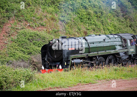 Dawlish Warren, UK. 14. Juni 2015. Britannia, Torbay Express Dampf Zug durchläuft Dawlish Warren von Bahn-Enthusiasten beobachtet. Bildnachweis: Keith Larby/Alamy Live-Nachrichten Stockfoto