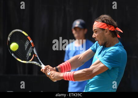 Stuttgart, Deutschland. 14. Juni 2015. Rafael Nadal aus Spanien in Aktion während des Finales gegen Viktor Troicki Serbiens bei der ATP-Tennisturnier in Stuttgart, Deutschland, 14. Juni 2015. Foto: MARIJAN MURAT/Dpa/Alamy Live News Stockfoto