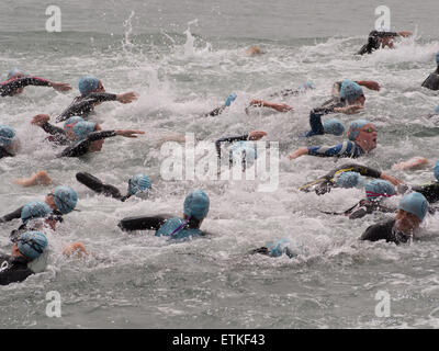 Triathleten Schwimmen im Solent, Southsea Strand, Portsmouth bei einem Triathlon Stockfoto