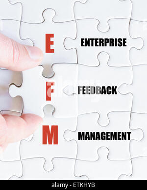 Hand eines Geschäftsmannes, die Vollendung des Puzzles mit das letzte fehlende Stück. Konzept-Bild des Business Akronym EFM als Enterprise Feedback Management Stockfoto