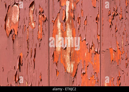 Rote Farbe abplatzt Holzplatten. Stockfoto