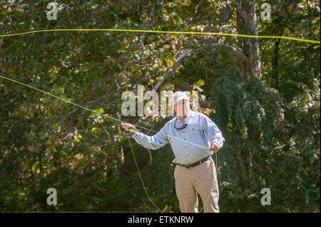 Lefty fliegen Kreh, US-amerikanischer Fischer demonstriert seine Wurftechniken in Timonium, Maryland, USA Stockfoto