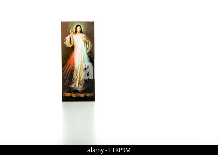 Isoliert auf weißem Hintergrund, ein Bild des Barmherzigen Jesus mit leeren Band an der Unterseite ohne Schriften Stockfoto