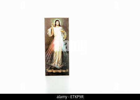 Isoliert auf weißem Hintergrund, ein Bild des Barmherzigen Jesus mit leeren Band an der Unterseite ohne Schriften Stockfoto