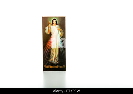 Isoliert auf weißem Hintergrund, ein Bild des Barmherzigen Jesus mit leeren Band an der Unterseite ohne Schriften Stockfoto