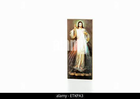 Isoliert auf weißem Hintergrund, ein Bild des Barmherzigen Jesus mit leeren Band an der Unterseite ohne Schriften Stockfoto