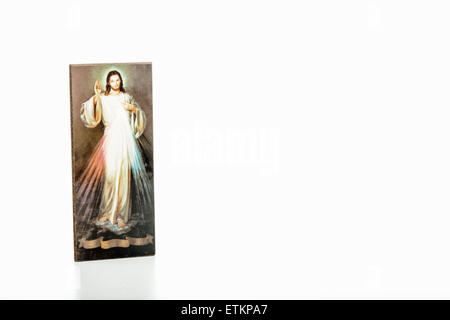 Isoliert auf weißem Hintergrund, ein Bild des Barmherzigen Jesus mit leeren Band an der Unterseite ohne Schriften Stockfoto