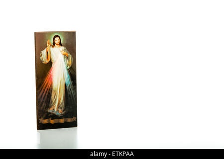 Isoliert auf weißem Hintergrund, ein Bild des Barmherzigen Jesus mit leeren Band an der Unterseite ohne Schriften Stockfoto