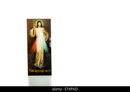 Isoliert auf weißem Hintergrund, ein Bild des Barmherzigen Jesus mit leeren Band an der Unterseite ohne Schriften Stockfoto