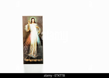 Isoliert auf weißem Hintergrund, ein Bild des Barmherzigen Jesus mit leeren Band an der Unterseite ohne Schriften Stockfoto