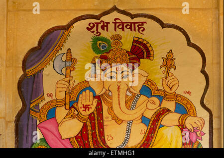 Wandmalerei von Hindu Gott Ganesh. Jaisalmer, Rajasthan, Indien Stockfoto