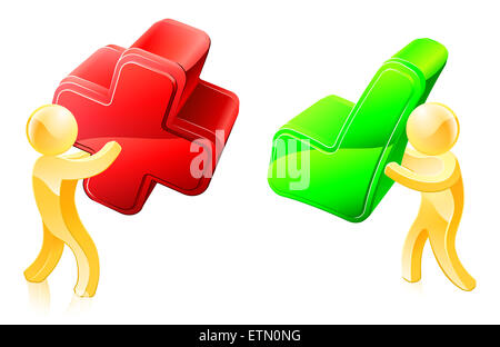 Abbildung einer Person mit einem grünen Häkchen und eine mit einem roten Kreuz Stockfoto