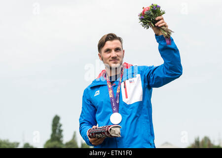 Mingetschewir, Aserbaidschan. 15. Juni 2015. Martin Fuksa der Tschechischen Republik feiert Silbermedaille für die C1 Männer Kanu einzelne 1000m Finale der Kanu-Sprint bei den Baku 2015 europäischen spielen in Mingetschewir, Aserbaidschan, 15. Juni 2015. Bildnachweis: David Tanecek/CTK Foto/Alamy Live-Nachrichten Stockfoto