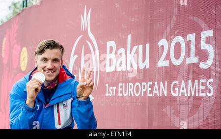 Mingetschewir, Aserbaidschan. 15. Juni 2015. Martin Fuksa der Tschechischen Republik feiert Silbermedaille für die C1 Männer Kanu einzelne 1000m Finale der Kanu-Sprint bei den Baku 2015 europäischen spielen in Mingetschewir, Aserbaidschan, 15. Juni 2015. Bildnachweis: David Tanecek/CTK Foto/Alamy Live-Nachrichten Stockfoto