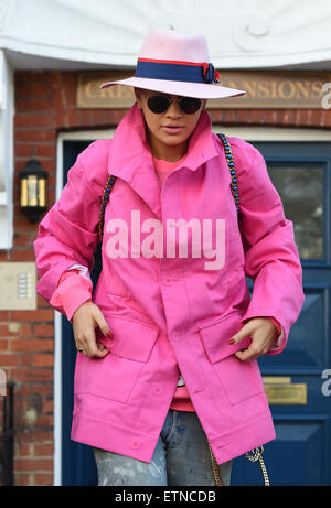 Rita Ora verlässt ihr Zuhause in eine atemberaubende rosa Jacke. Ritas Minder trug ihren neuen Welpen aus der Wohnung in einem Louis Vuitton Hund Träger Featuring: Rita Ora wo: London, Vereinigtes Königreich bei: Kredit-18. März 2015: Will Alexander/WENN.com Stockfoto