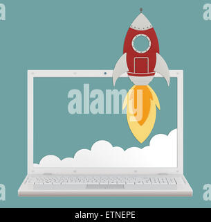 Cartoon-Rakete mit realistischen Laptop auf blauem Hintergrund - Start-up-Konzept - 3D Rendering Stockfoto