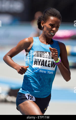 13. Juni 2015; Randalls Island, NY, USA; Hiwton Ayalew von Äthiopien gewinnt die Frauen 3000m Hindernis während der IAAF Diamond League Adidas Grand Prix Icahn Stadium. Anthony Nesmith/Cal-Sport-Medien Stockfoto