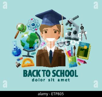 zurück zu Schule-Vektor-Logo-Design-Vorlage. Bildung, Ausbildung oder Student, Studie, Wissenschaft-Symbol. flache Darstellung Stock Vektor