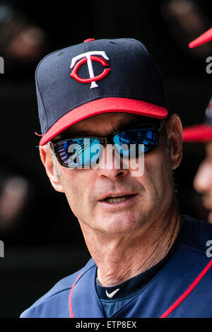 Arlington, TX, USA. 13. Juni 2015. Minnesota Twins Manager Paul Molitor (4) während der Major League Baseball Spiel zwischen den Minnesota Twins und der Texas Rangers im Globe Life Park in Arlington, TX. Tim Warner/CSM/Alamy Live-Nachrichten Stockfoto