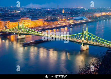 Die Brücke der Freiheit in der Nacht in Budapest. Ansicht von oben. Stockfoto