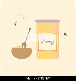 Cartoon Bee Glas Honig Retro-gesunde natürliche Vektorgrafik Stock Vektor