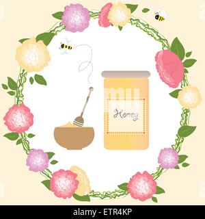 Blume Rahmen Bio Biene Honig romantische Rosen Kranz Vektor-Illustration Stock Vektor