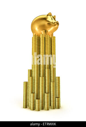 3D Rendern der goldene Sparschwein auf Münze Türme Stockfoto