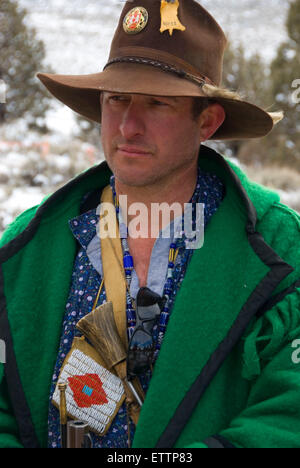 Mountain Man, Grizzly Mountain lange Gewehre Pferd Ridge Rendezvous, Deschutes County, Oregon Stockfoto