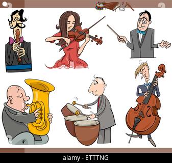 Cartoon Illustration Zeichenmenge Musiker Musikinstrumente spielen Stock Vektor