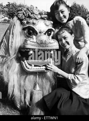 Billingham Folklore Festival 1984, internationale Folklore-Festival der Welt tanzen. Im Bild. Chinesische Löwen gefunden Billingham mit Li Ying Wai und Shui Yin umher. Er gehört zur Gruppe Jin Ying Hong Kong, einer der zehn aus Übersee Stockfoto