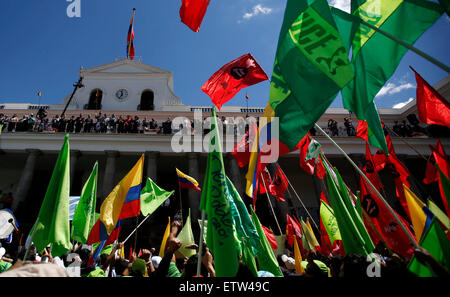 Quito, Ecuador. 15. Juni 2015. Anhänger der ecuadorianische Präsident Rafael Correa versammeln sich in einer Kundgebung zur Unterstützung Correas Regierung in Quito, der Hauptstadt von Ecuador, am 15. Juni 2015. © Santiago Armas/Xinhua/Alamy Live-Nachrichten Stockfoto
