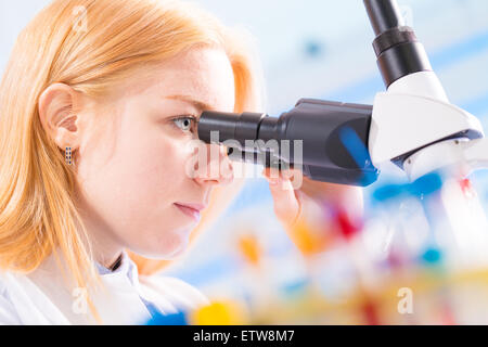 Studentin sucht in einem Mikroskop, Wissenschaft Labor Konzept Stockfoto