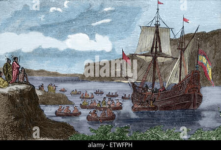 Explorer Henry Hudson (1565-1611) Hudsons Schiff halbieren Maen oder Halbmond in den Hudson River, als es zuerst entdeckt wurde. Stockfoto