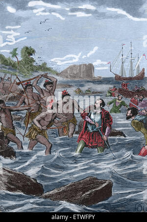 Ferdinand Magellan (1480-1521). Portugiesischer Seefahrer und Entdecker. Tod-Magellan auf der Philippinen-Insel. 1521. Farbe Gravur. Stockfoto