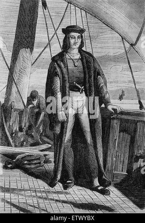 Christopher Columbus (1450-1506). Explorer, Navigation und Kolonisator. Entdecker der neuen Welt. Gravur. des 19. Jahrhunderts. Stockfoto