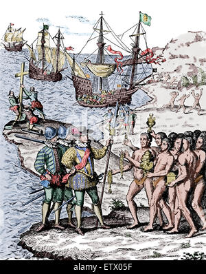 Kupferstich von Theodore de Bry, 1592. Teil seiner "Amerika Series", zeigt Christopher Columbus auf der Hispaniola landen. Stockfoto